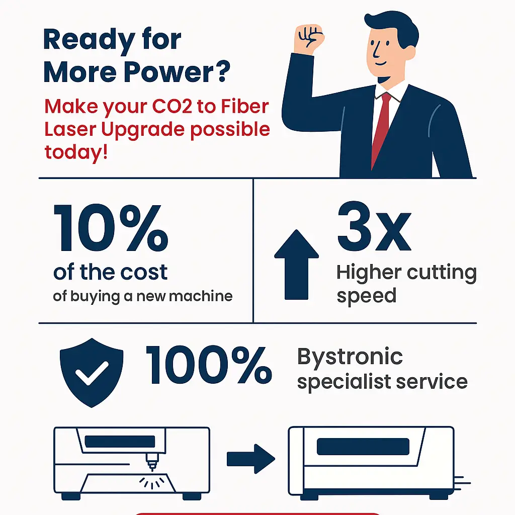 CO2 to Fiber Laser Conversion Infographic – Retrofit service for Bystronic lasers showing cost savings, faster cutting speed, and specialist support