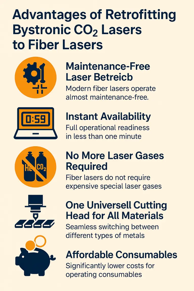 Infographic showing the advantages of retrofitting Bystronic CO2 lasers to fiber lasers – including maintenance-free operation, instant availability, no laser gases, one universal cutting head, and affordable consumables.