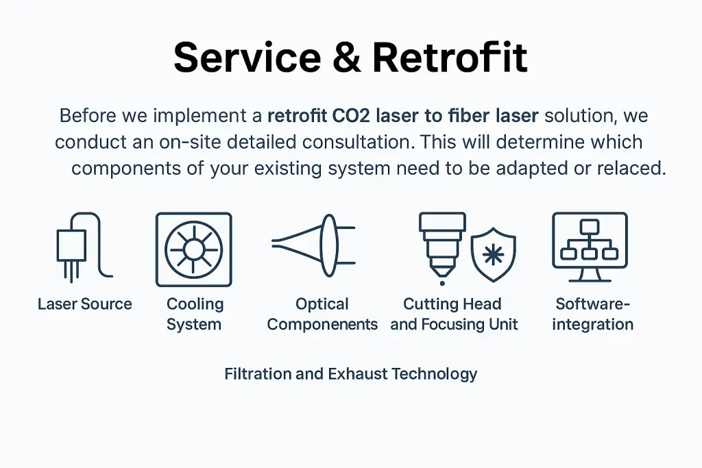 Infographic showing retrofit CO2 laser to fiber service – covering laser source, cooling system, optical components, cutting head, software integration, and exhaust technology for a complete CO2 to Fiber Laser Conversion.