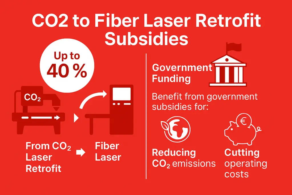 Infographic about CO2 to Fiber Laser Retrofit Subsidies – showing up to 40% government funding support, lower costs, and reduced CO₂ emissions with fiber laser conversion.