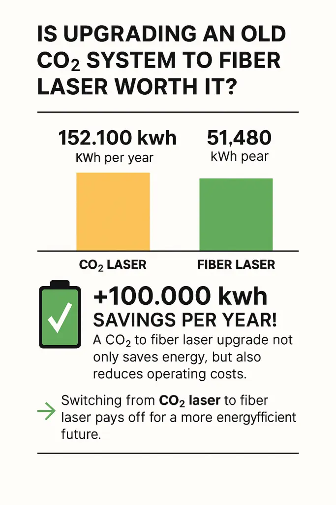 Retrofit CO2 laser to fiber infographic – showing energy savings, faster cutting speed, and benefits of CO2 to Fiber Laser Conversion and Bystronic retrofit