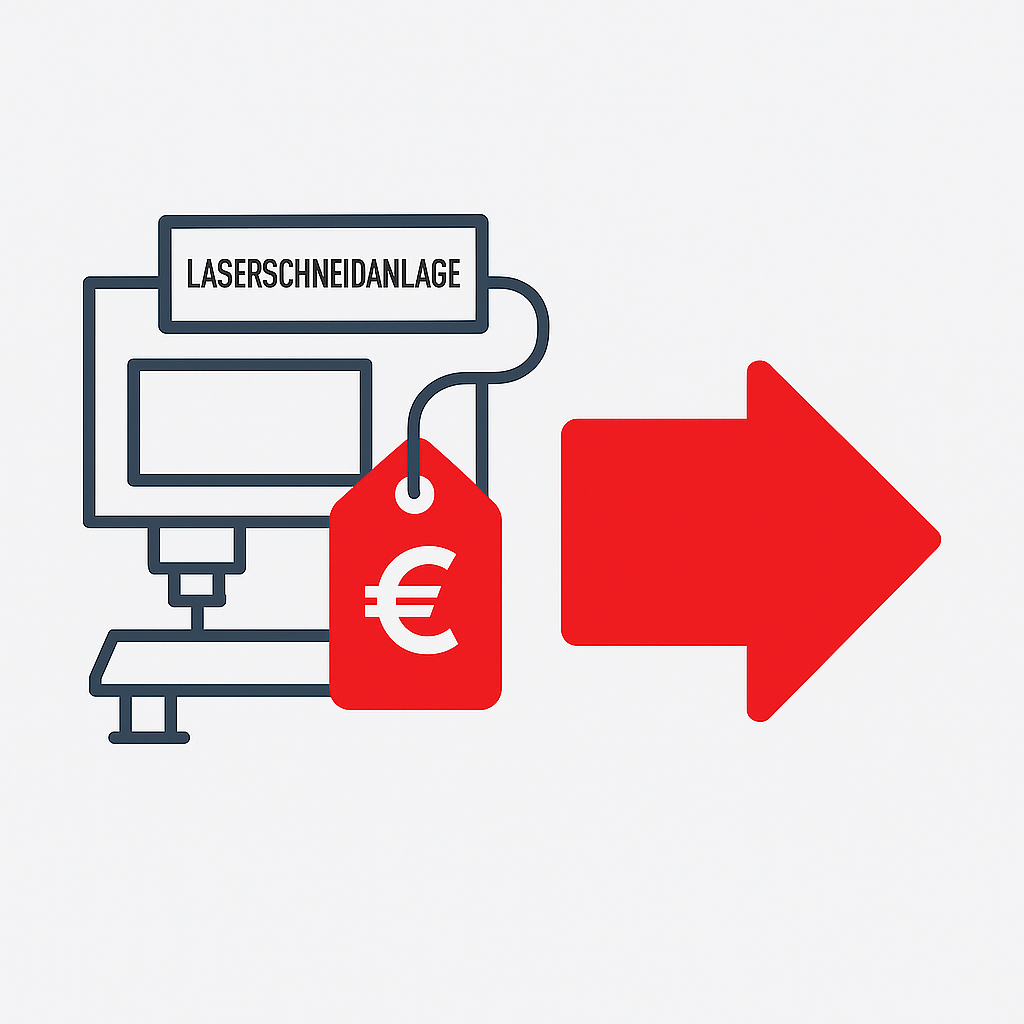 Icon einer Laserschneidanlage mit Preisschild – Symbol für gebrauchte Laserschneidmaschine verkaufen und Ankauf gebrauchter Bystronic Laser.